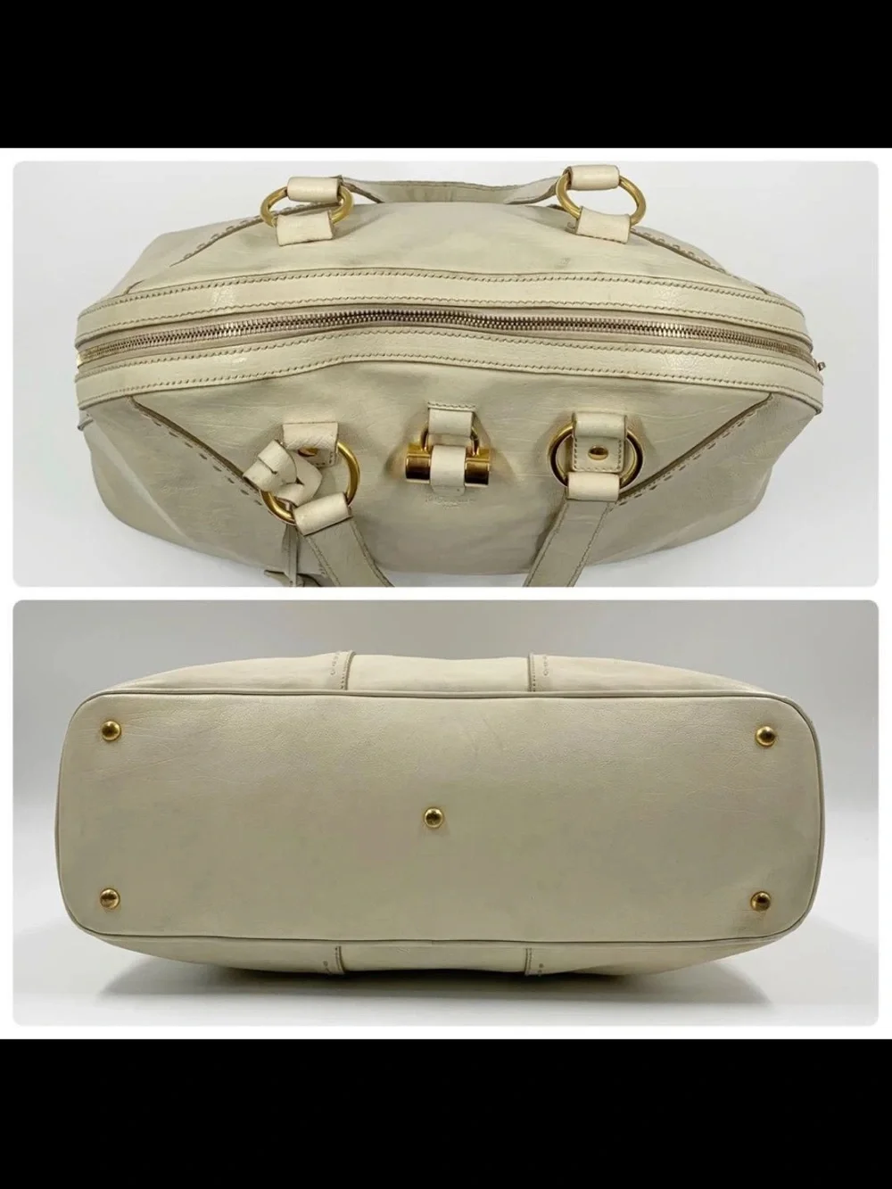 Saint Laurent Ivory Leather Double-Handle Tote with Gold Hardware